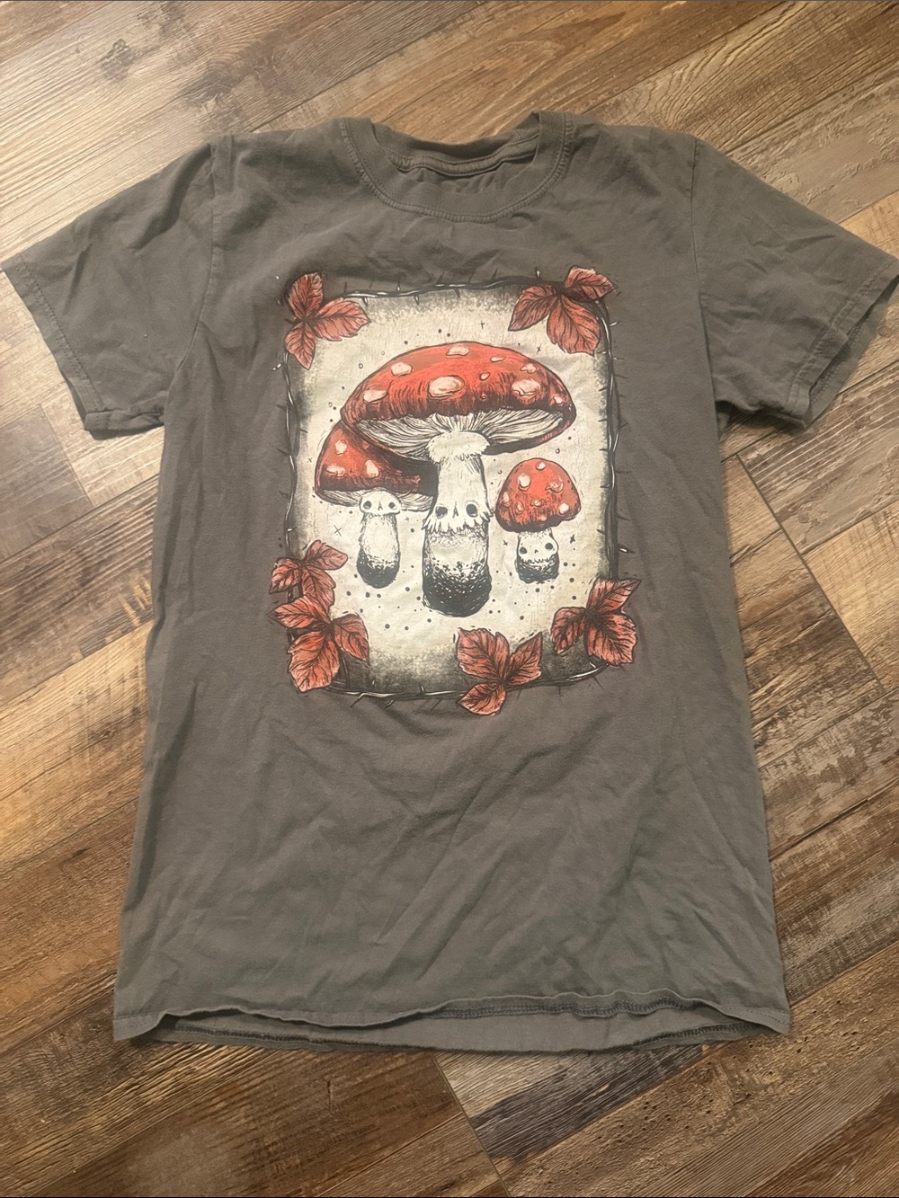 Stephanie Banes Mushroom Graphic Tee in Olive with Red Accents
